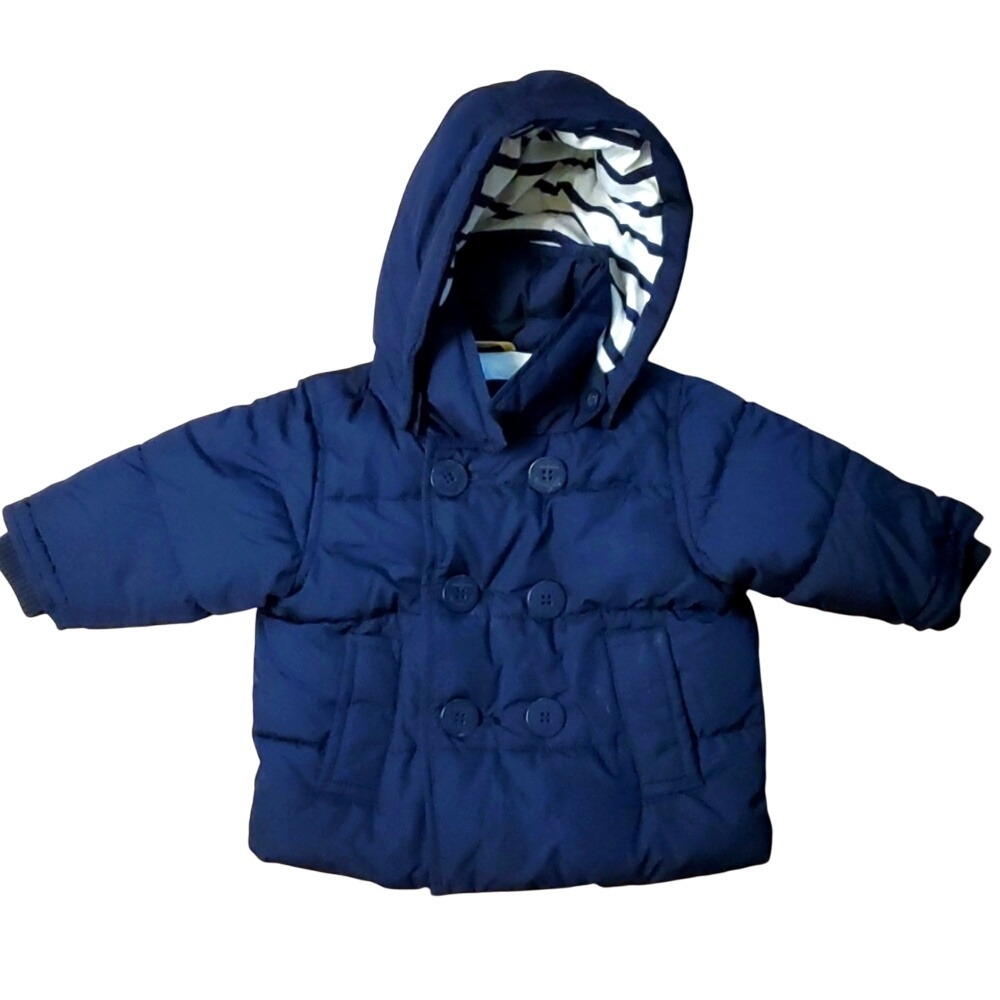 GAP Baby Navy Nautical Winter Puffer Jacket with Detachable Hood Size 0-6M